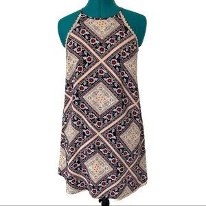 Floral Halter Boho Mini Shift Dress Womens Medium Fully Lined Super Soft